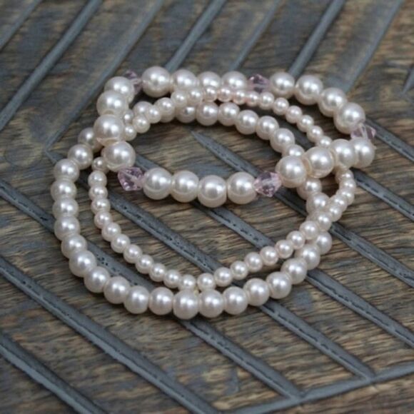 Pink Faux Pearl Beaded Bracelet Set - Picture 1 of 7